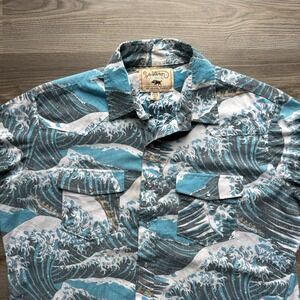 Western Aloha Shirt Mens XXL Hawaiian Pearl Snap Short Sleeve Blue Texas Waves